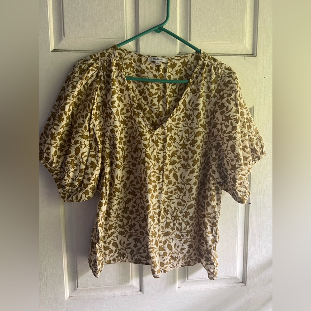 Madewell Batik Vine Floral V-neck Blouse Puff Slv Top Size medium